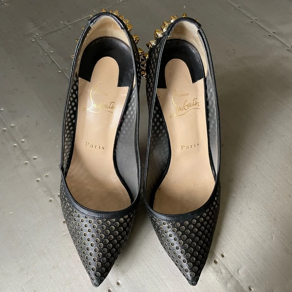 christian louboutin guni black leather gold spike stiletto sz 38.5 preowned